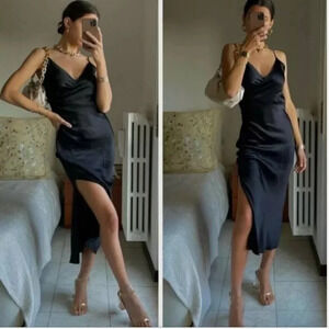 Zara Silky Satin Effect Surplus Midi Dress Black Blogger Fav Sz Small